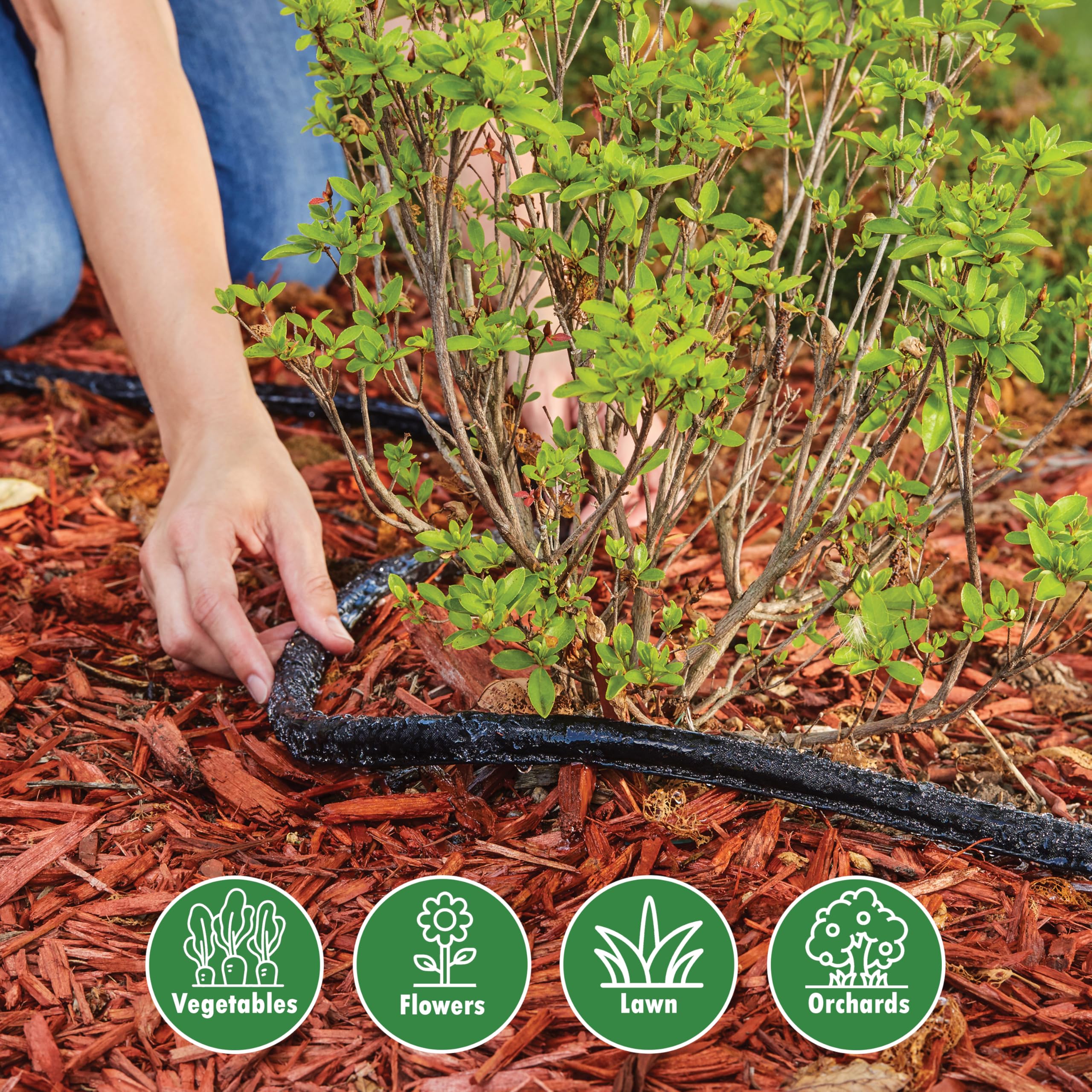 GILMOUR Flat Soaker Hose in a garden bed watering plants