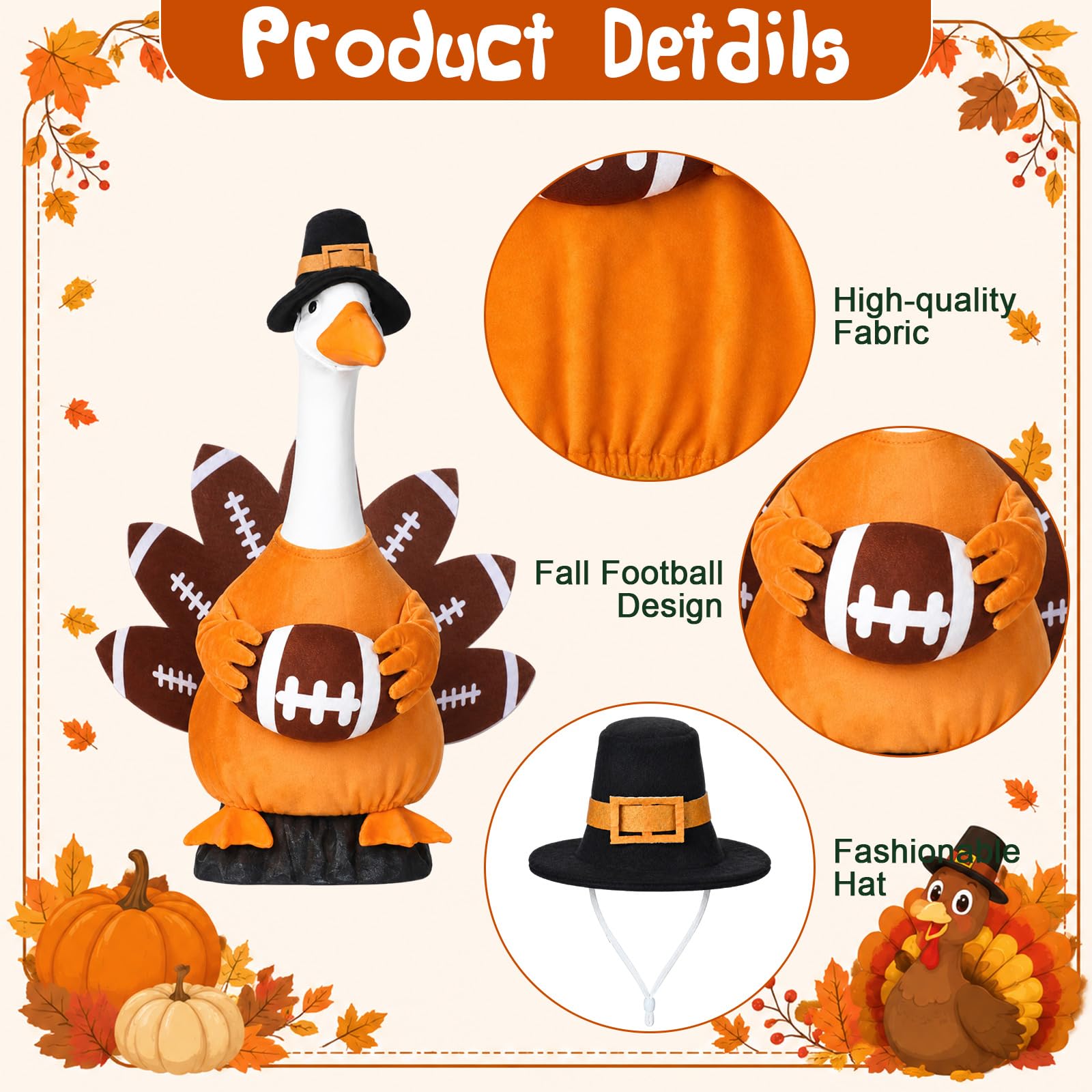 Gilprop Fall Football Goose Costume displayed on a porch goose statue