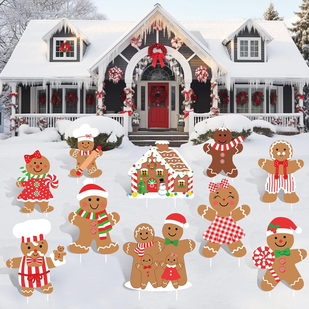 Gingerbread house yard sign in a winter garden setting