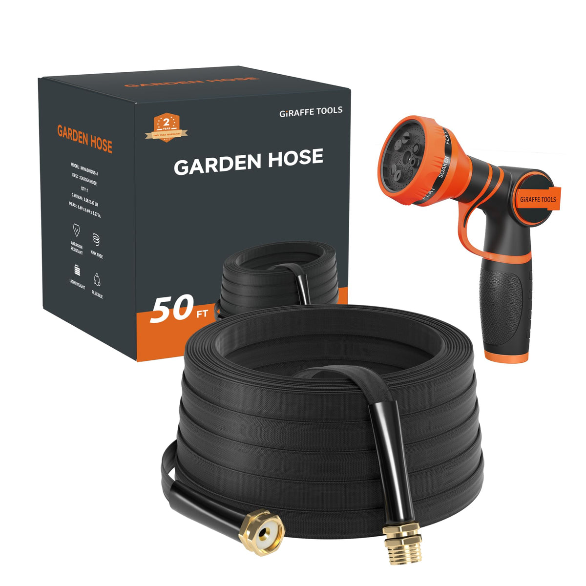 Giraffe Tools 50FT garden hose front view, black color