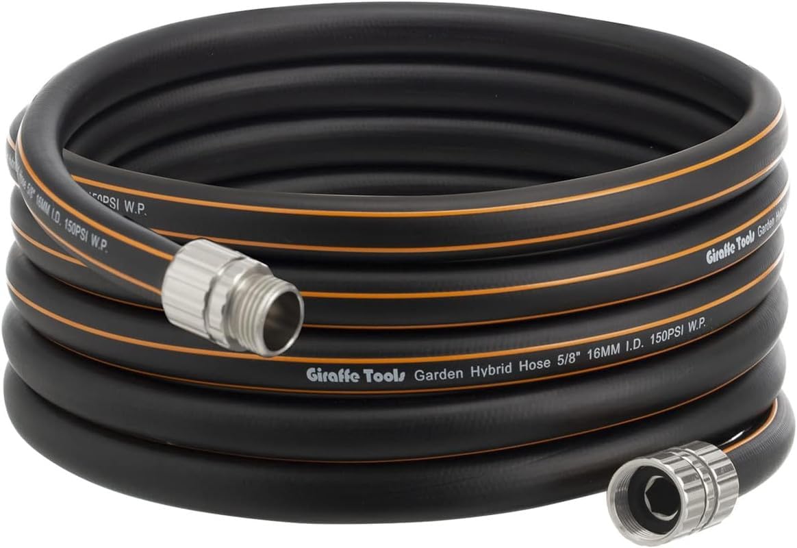 Giraffe Tools Garden Hose 8ft front view, black and orange