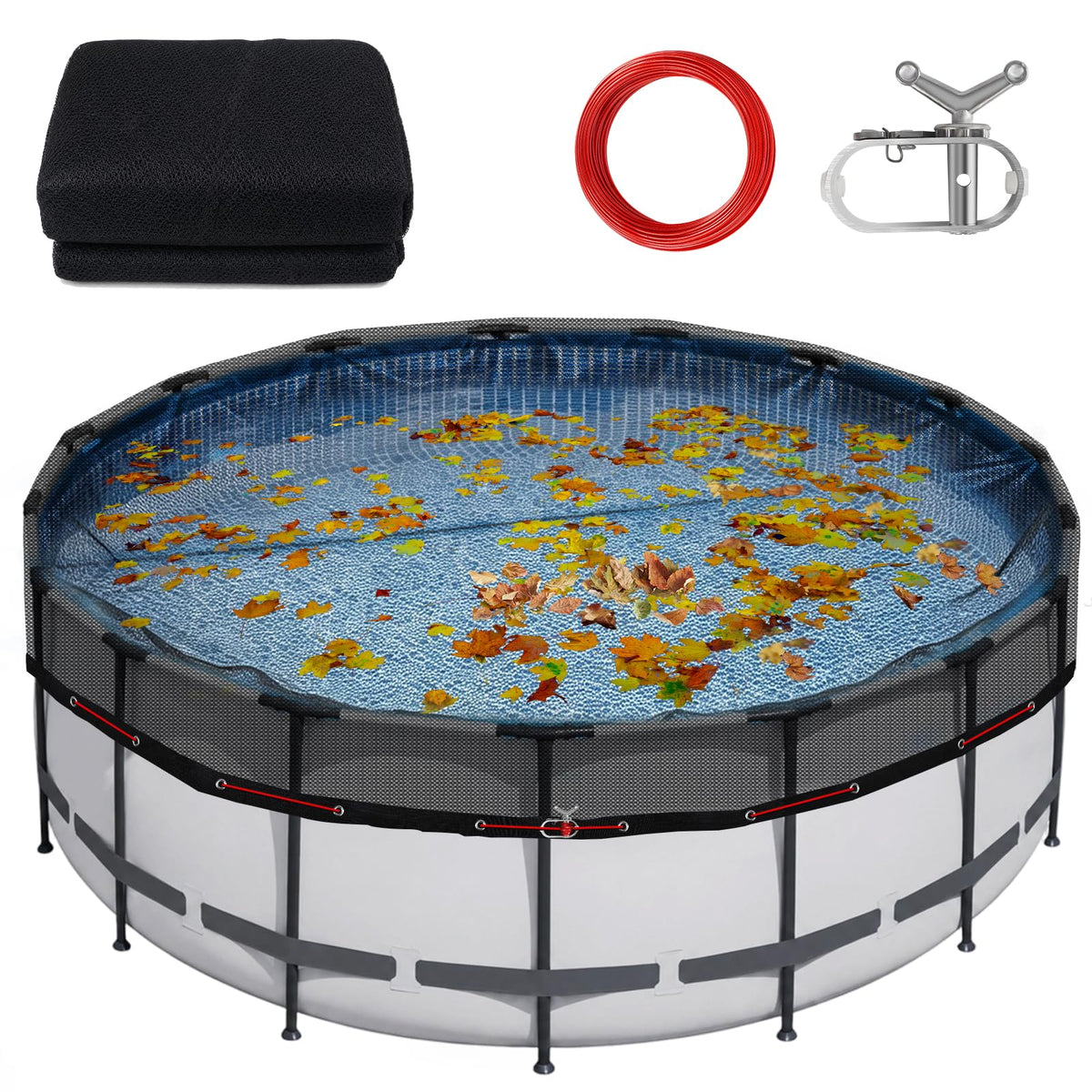 GJL 24ft Pool Leaf Net Cover front view, black mesh design