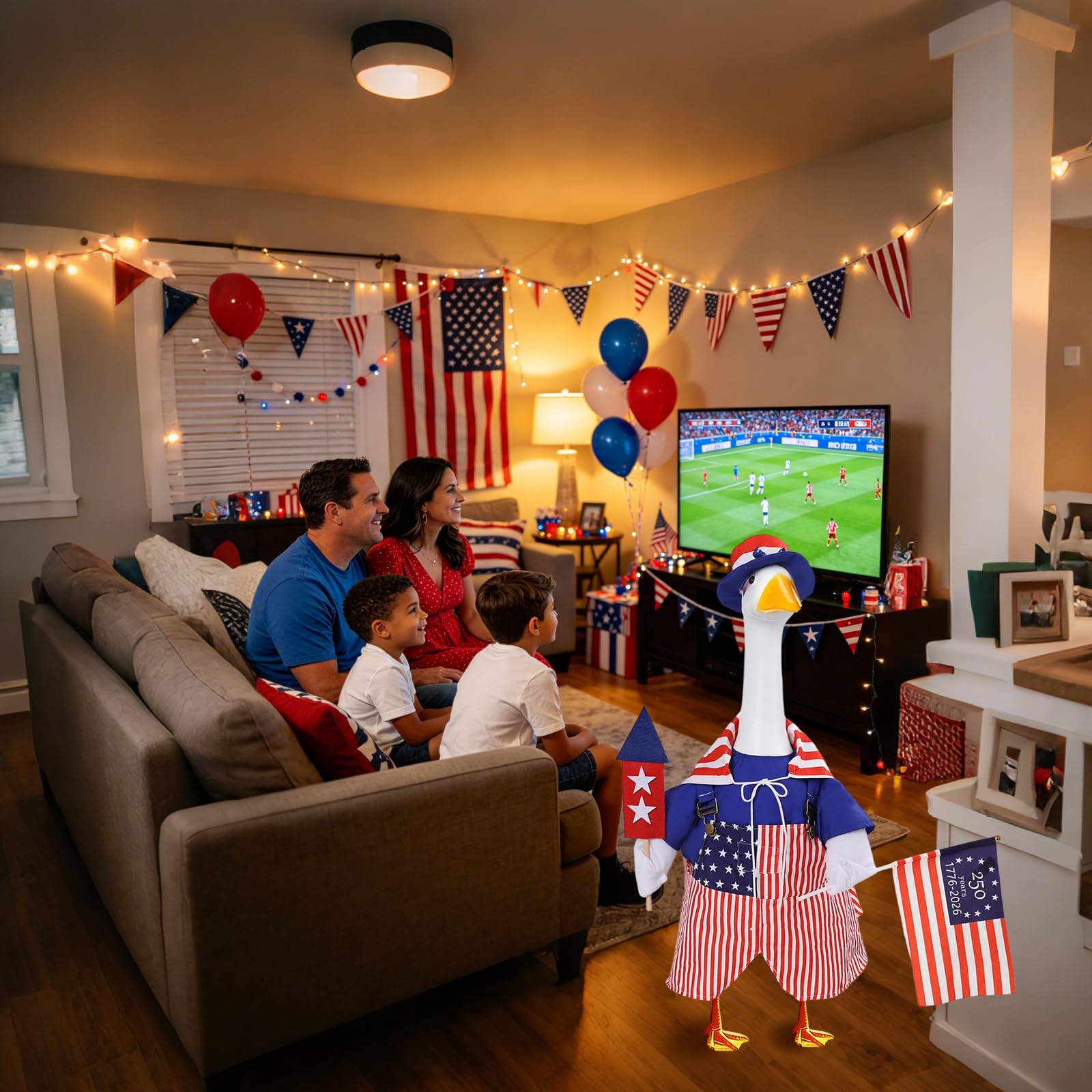 GJL 4th of July Goose Outfit with festive outdoor decor
