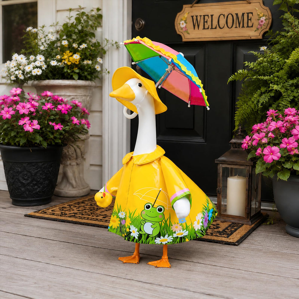 GJL porch goose outfit with accessories on a patio