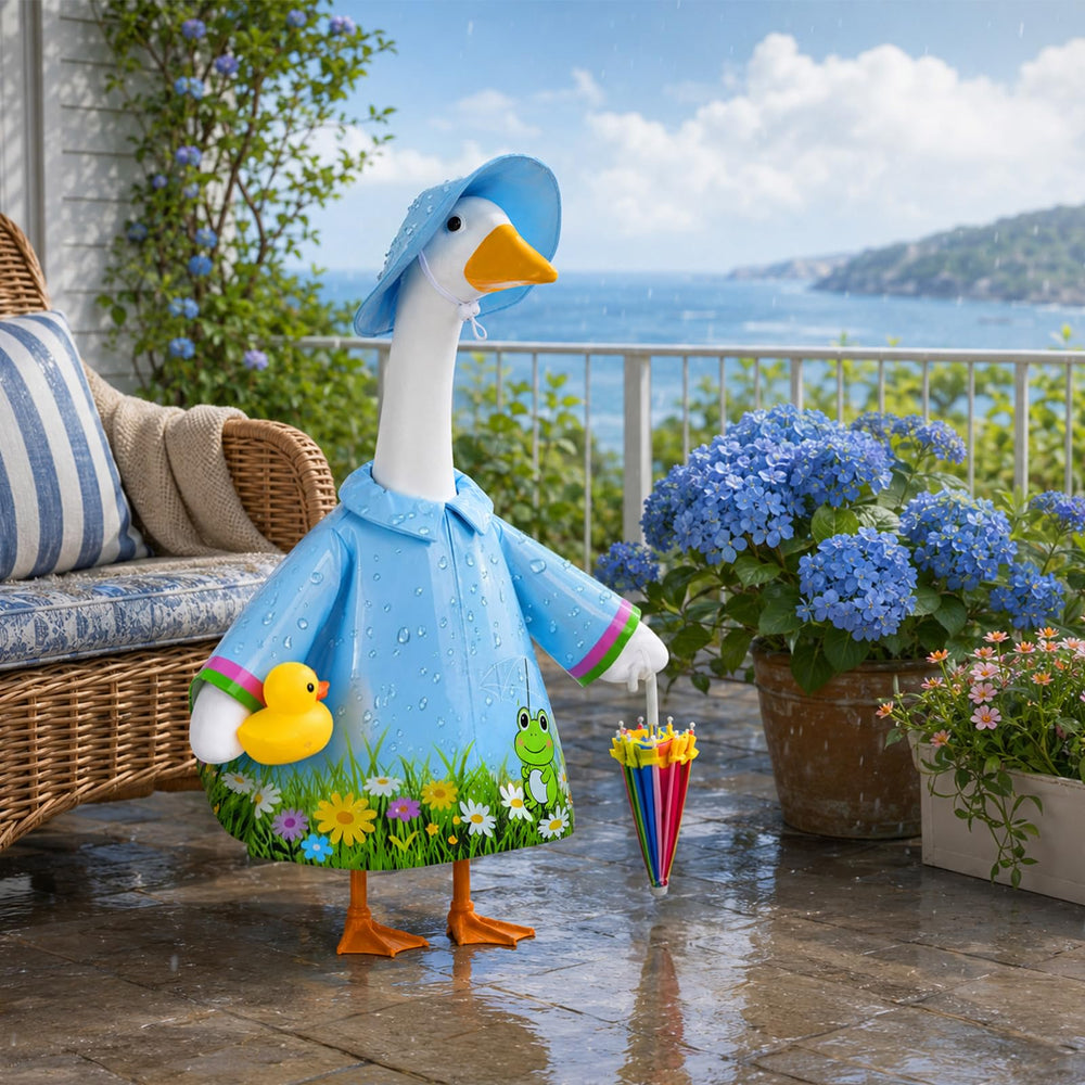 GJL raincoat porch goose outfit displayed on a lawn