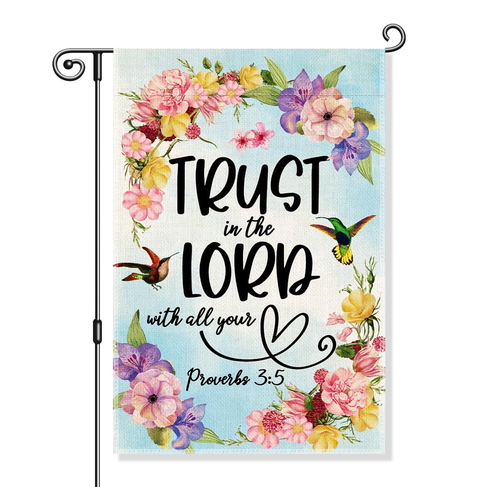 Gkodw Garden Flag Proverbs 3:5 front view with blue background