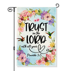 Gkodw Garden Flag Proverbs 3:5 front view with blue background