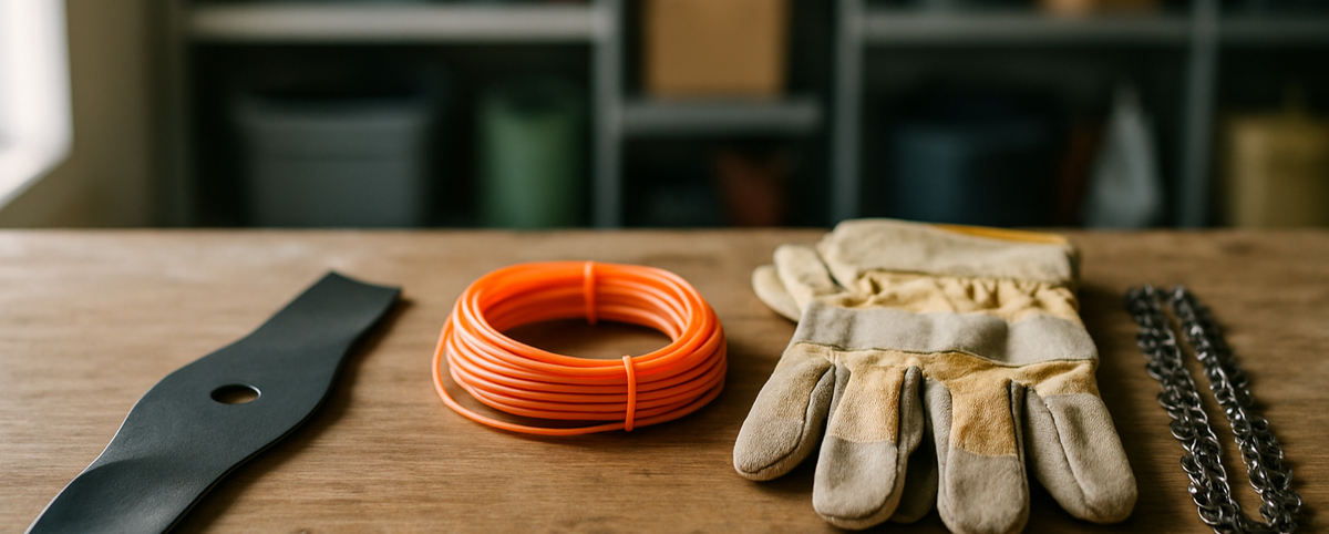 Lawn mower blade, trimmer line, work gloves and chainsaw chain on a workbench