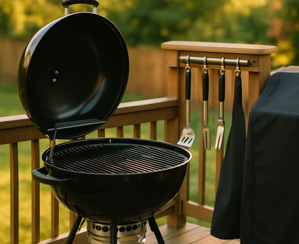 Charcoal grill on a backyard deck with barbecue tools and a grill cover