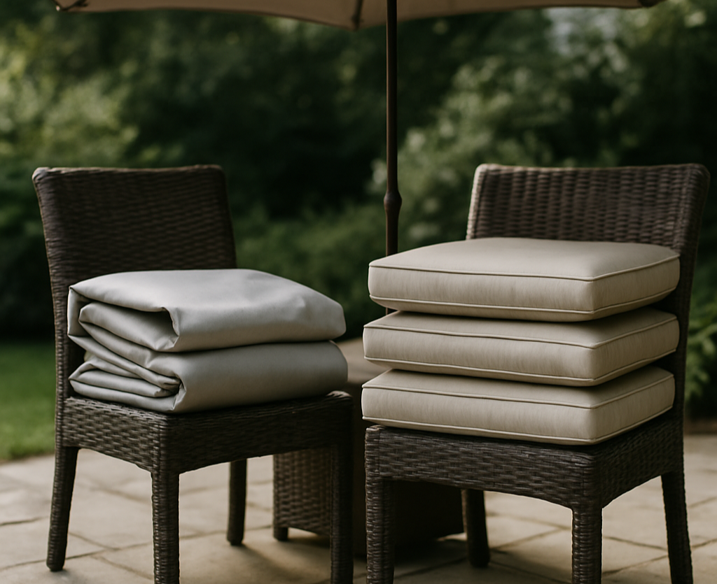 Patio furniture set with folded weather covers and stacked cushions