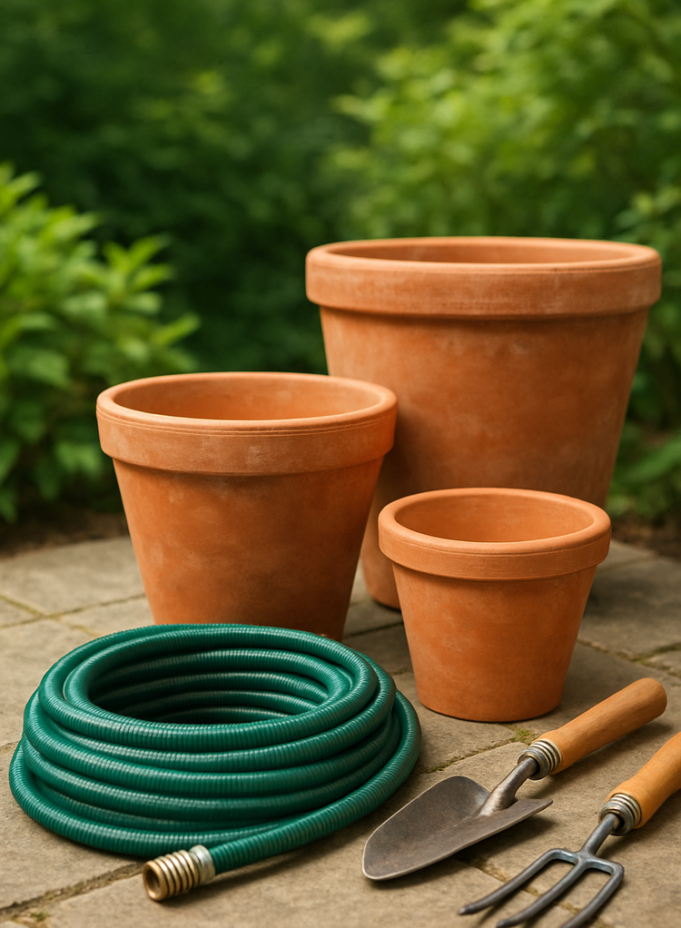 Terracotta planters, garden hose and hand tools on a stone patio