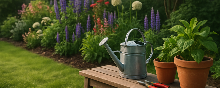 Summer garden border with watering can and planters on a wooden bench