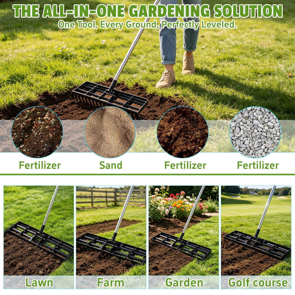GlimHirVox Lawn Leveling Rake with extension plates attached