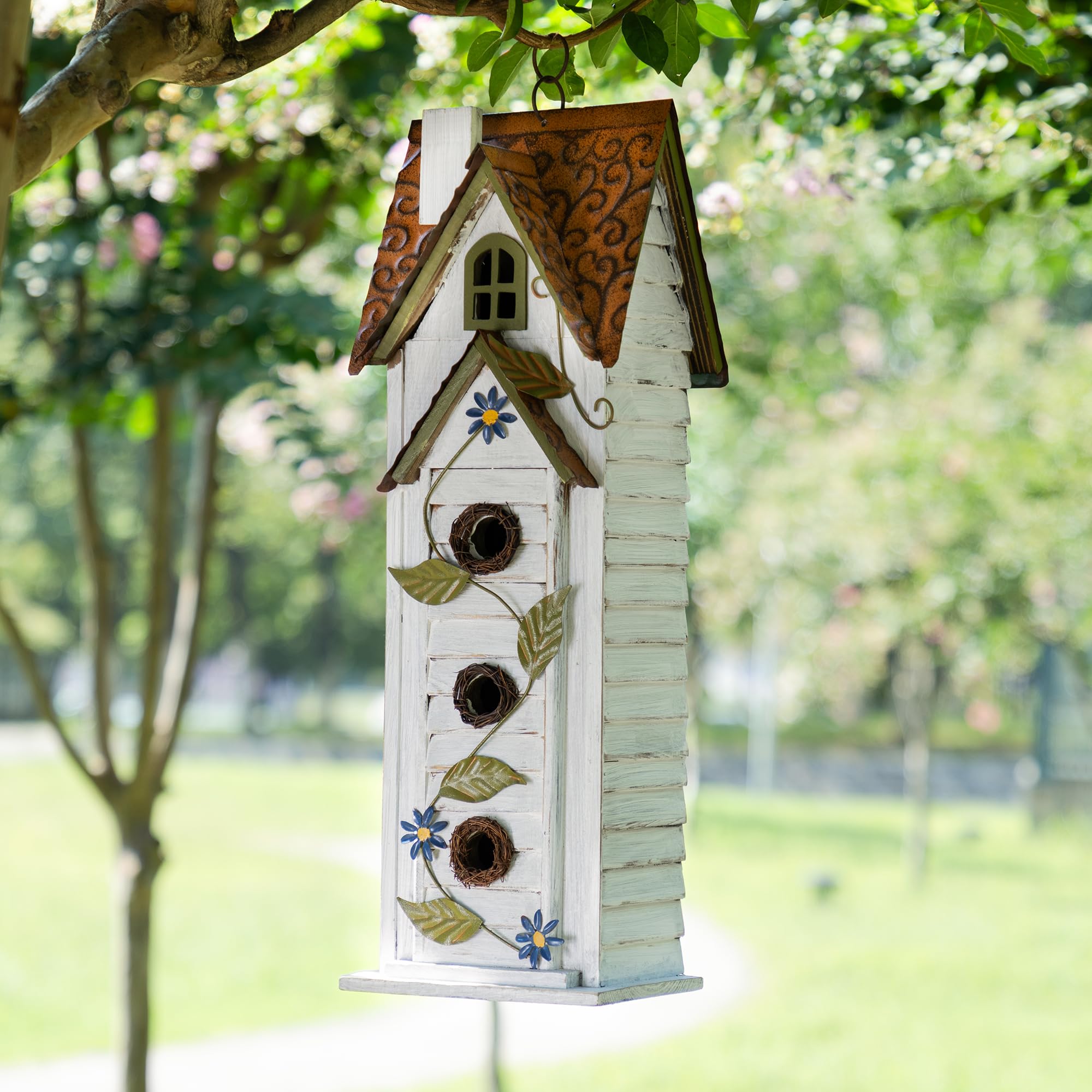 Glitzhome 24.25-inch wooden bird house front view with floral accents
