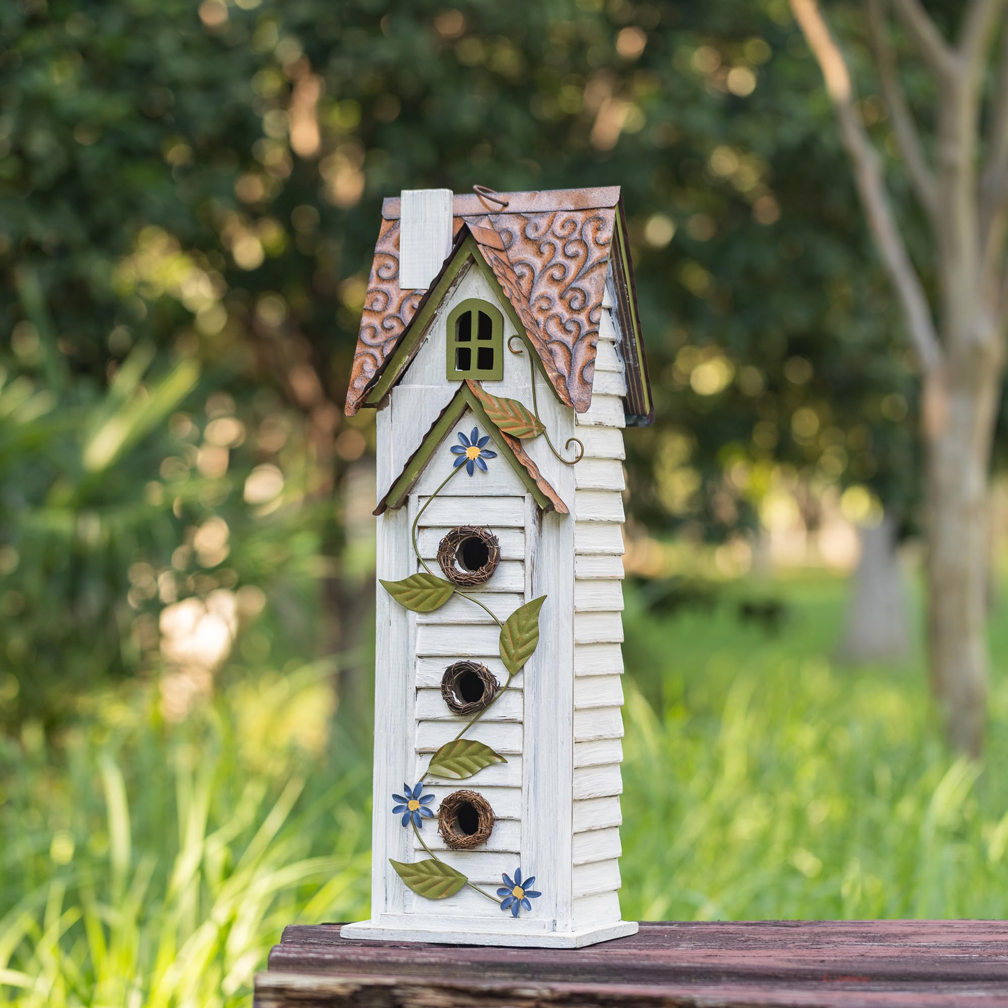 Glitzhome 3-tiered bird house side view showing detailed craftsmanship