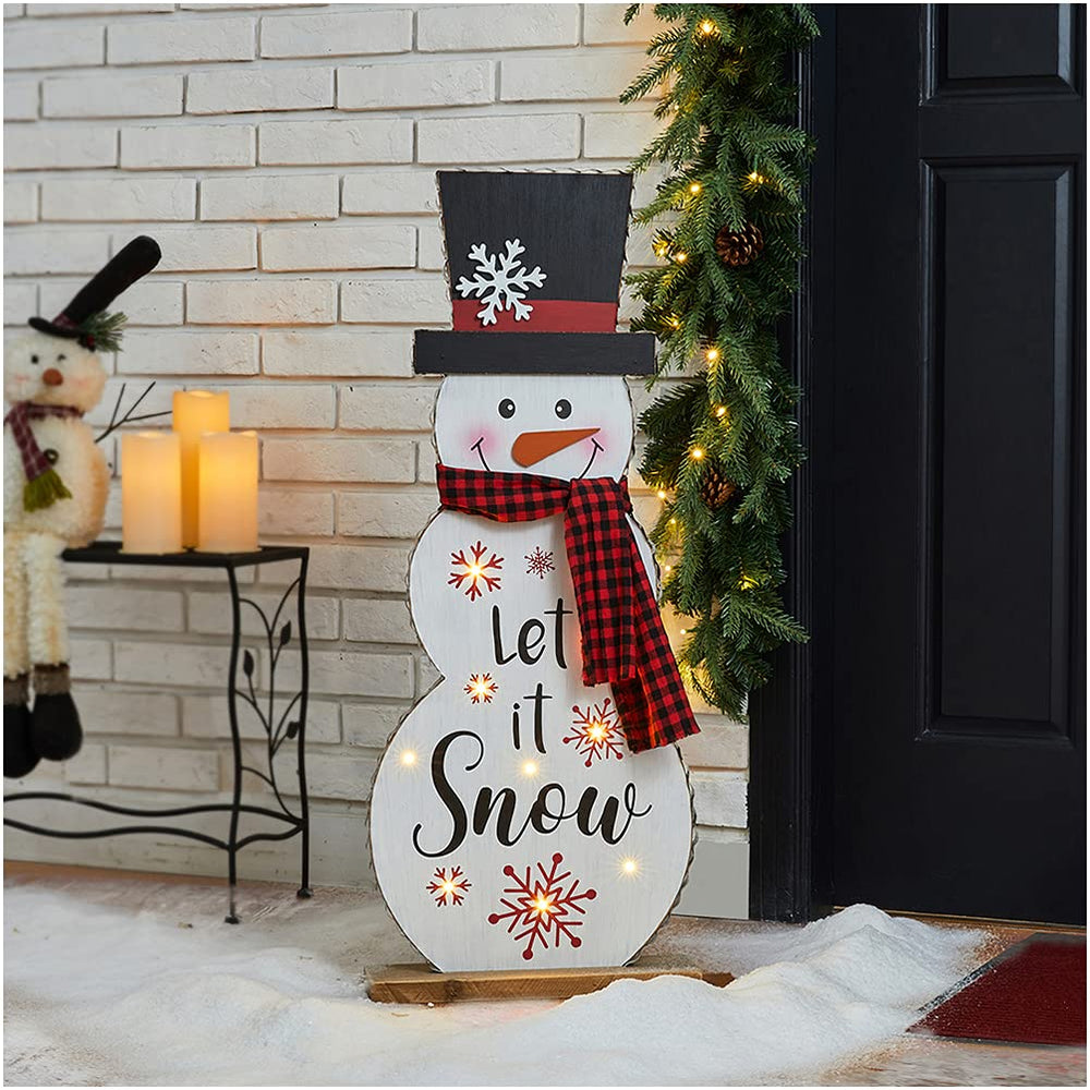 Glitzhome 36" H Lighted Wooden Christmas Snowman Porch Sign front view