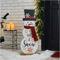 Glitzhome 36" H Lighted Wooden Christmas Snowman Porch Sign front view