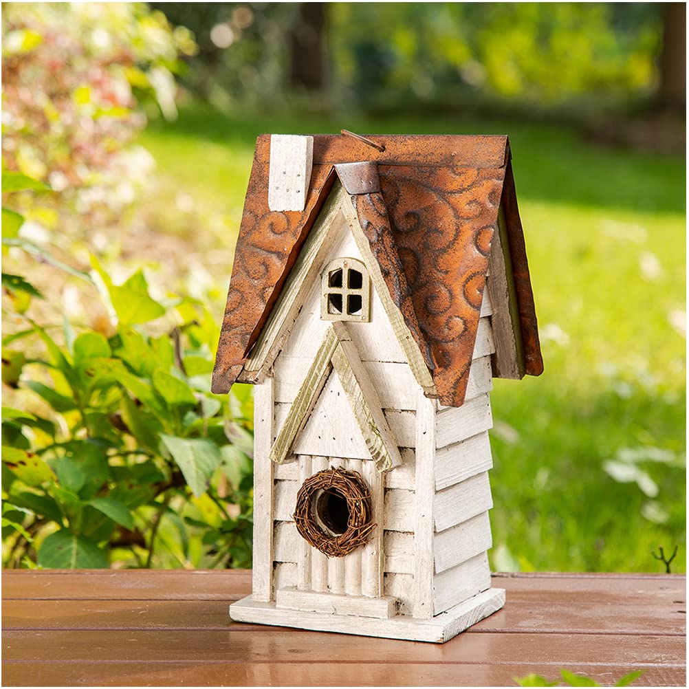 Glitzhome Bird House 12" H washed white distressed wood front view