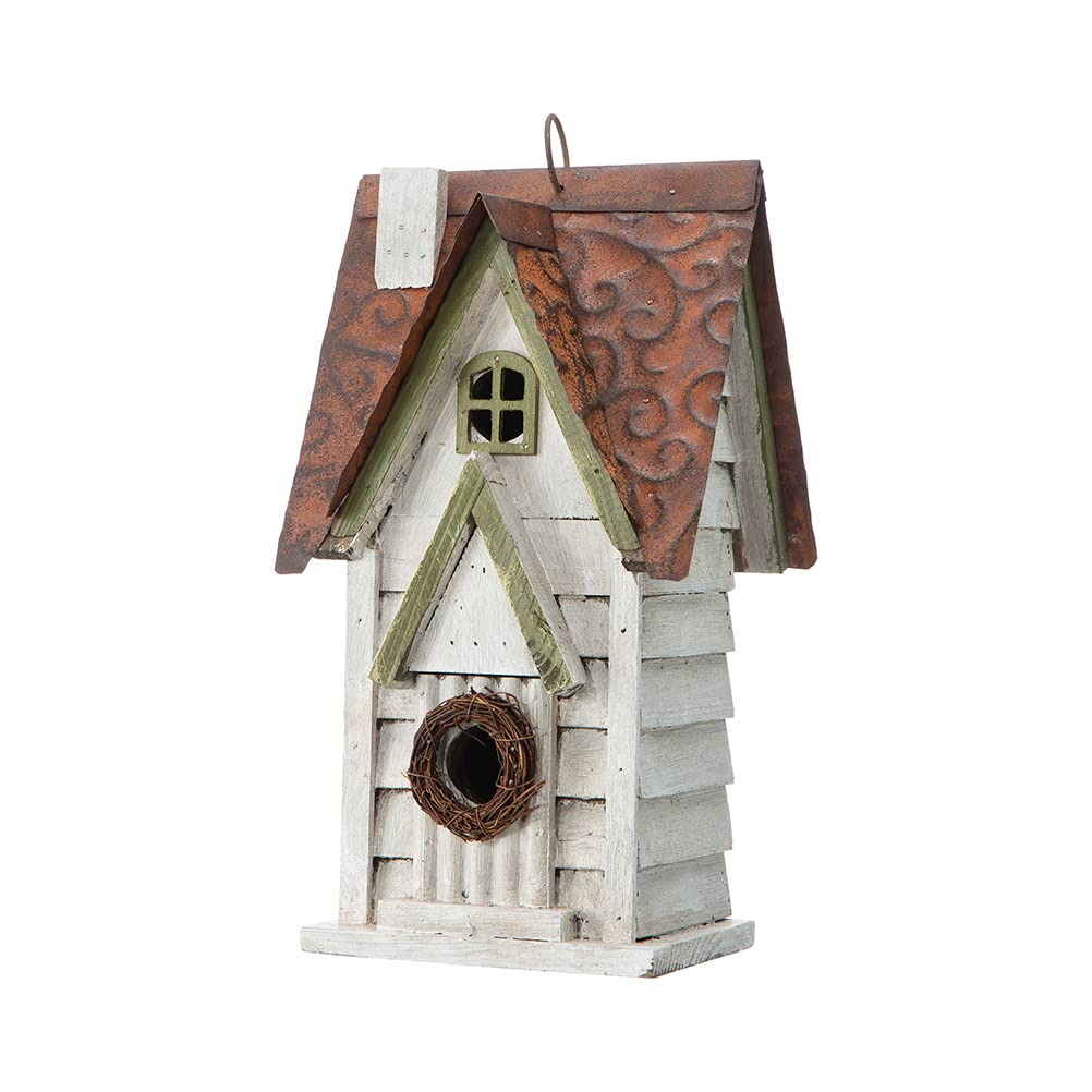 Glitzhome Bird House being installed with a hook on a porch