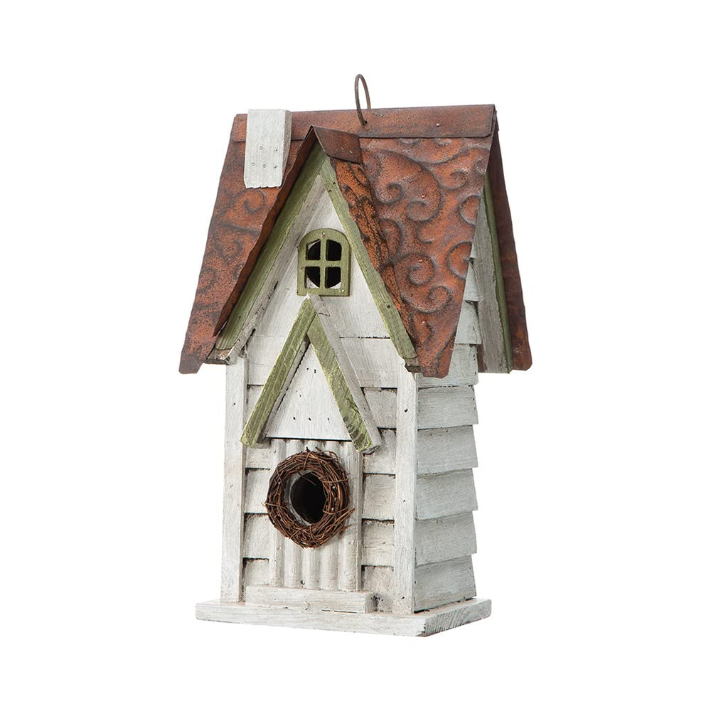Glitzhome Bird House being installed with a hook on a porch