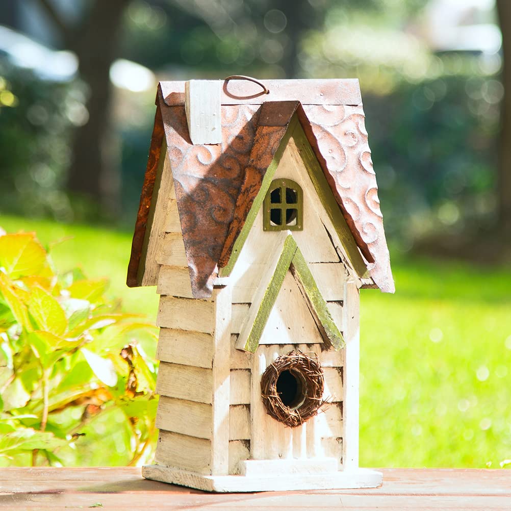 Glitzhome Bird House hanging from a tree in a garden setting