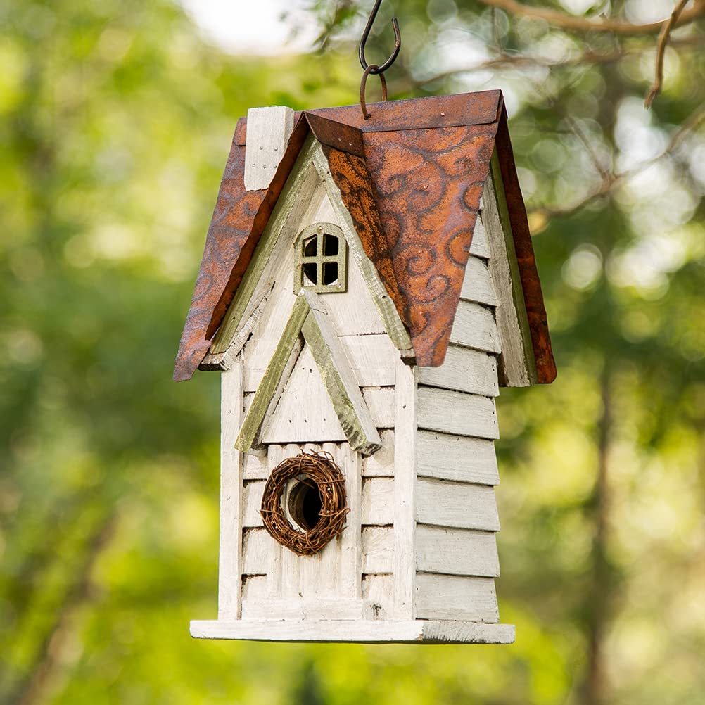 Glitzhome birdhouse showing the back panel with concealed door for easy cleaning