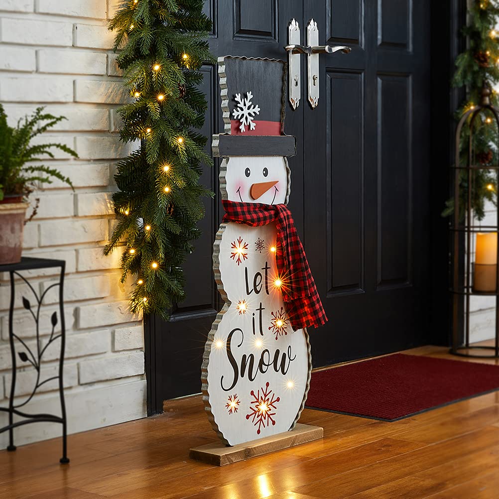Glitzhome snowman sign with plaid scarf and black hat