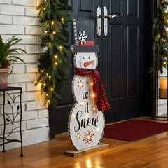 Glitzhome snowman sign with plaid scarf and black hat