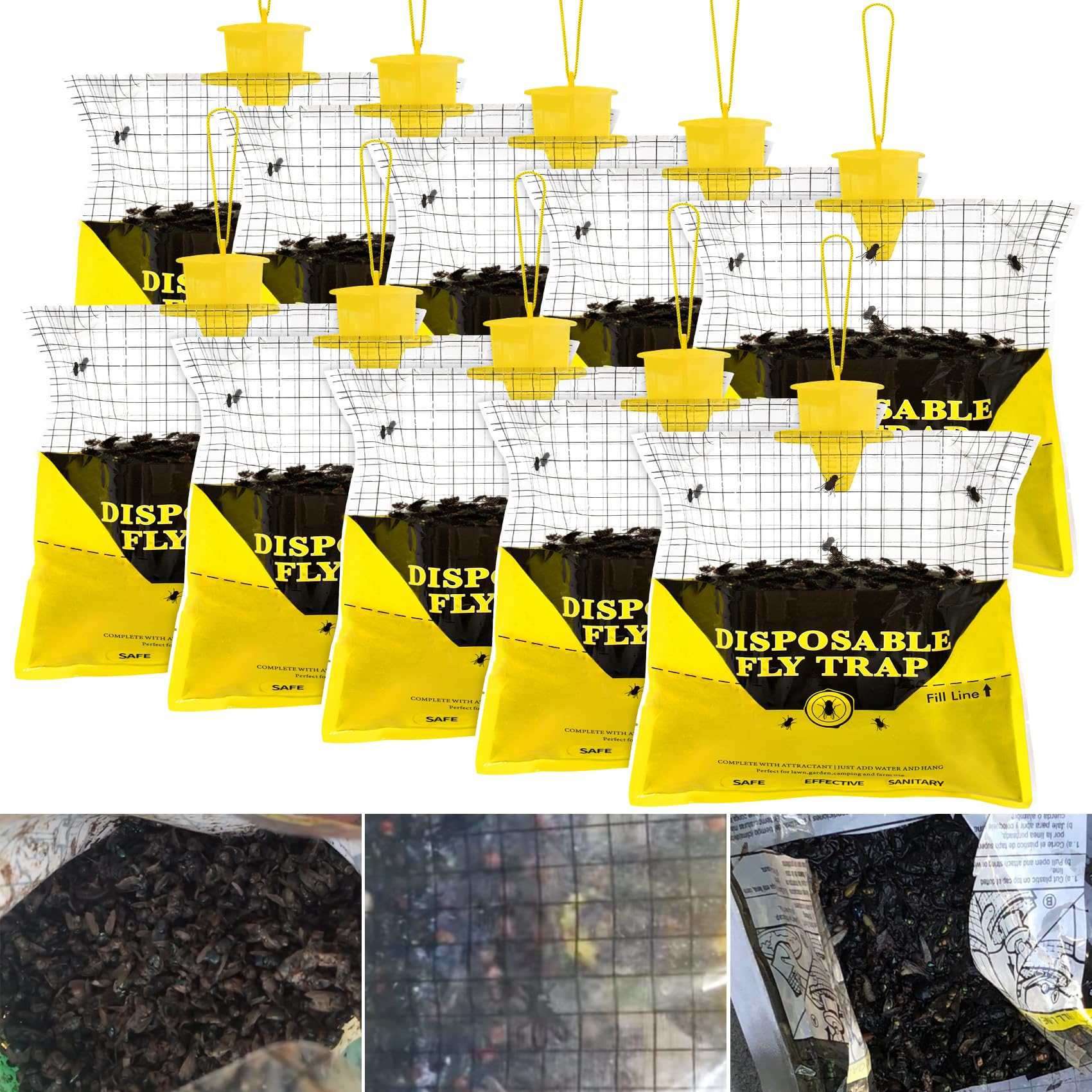 Glovv 10 Pack Outdoor Fly Trap Bags front view with yellow design