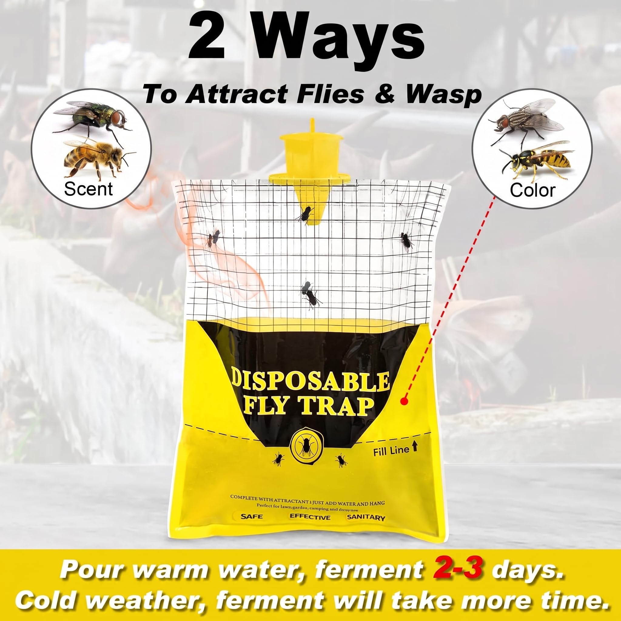 Glovv disposable fly trap hanging outdoors
