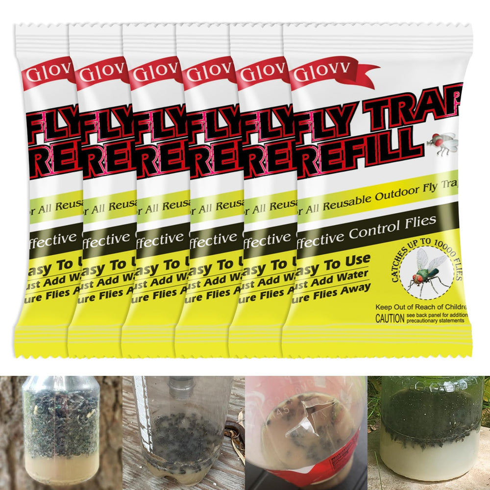 Glovv Fly Trap Refills pack with six 30g packets in yellow