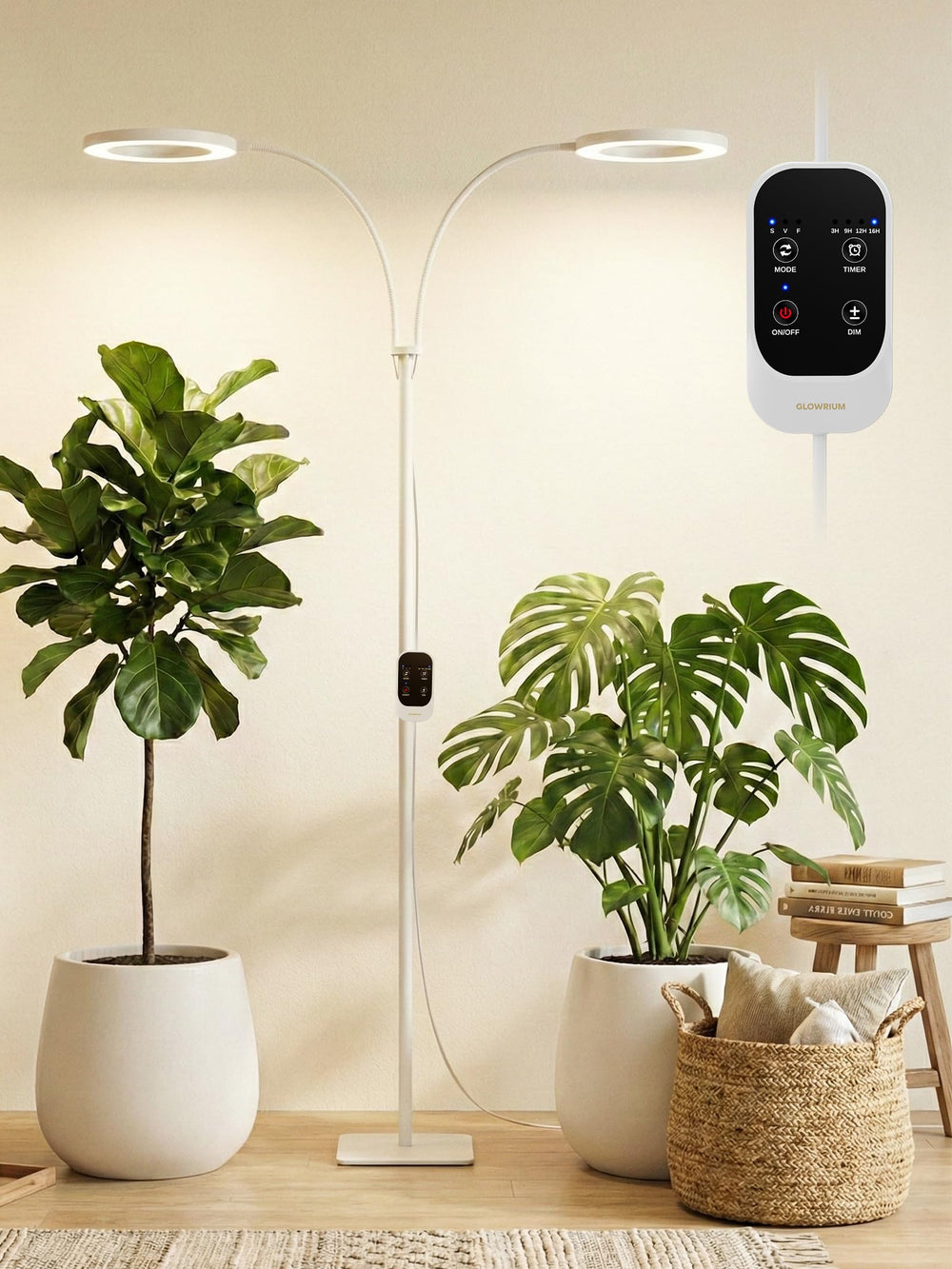 GLOWRIUM Tall Plant Grow Light dual heads with flexible gooseneck