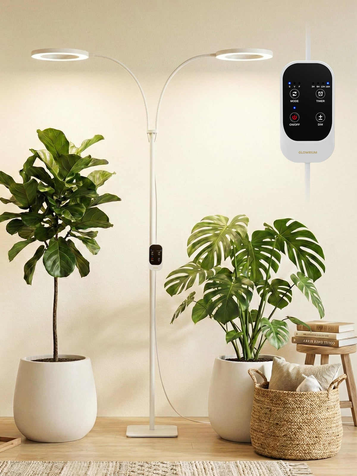 GLOWRIUM Tall Plant Grow Light dual heads with flexible gooseneck