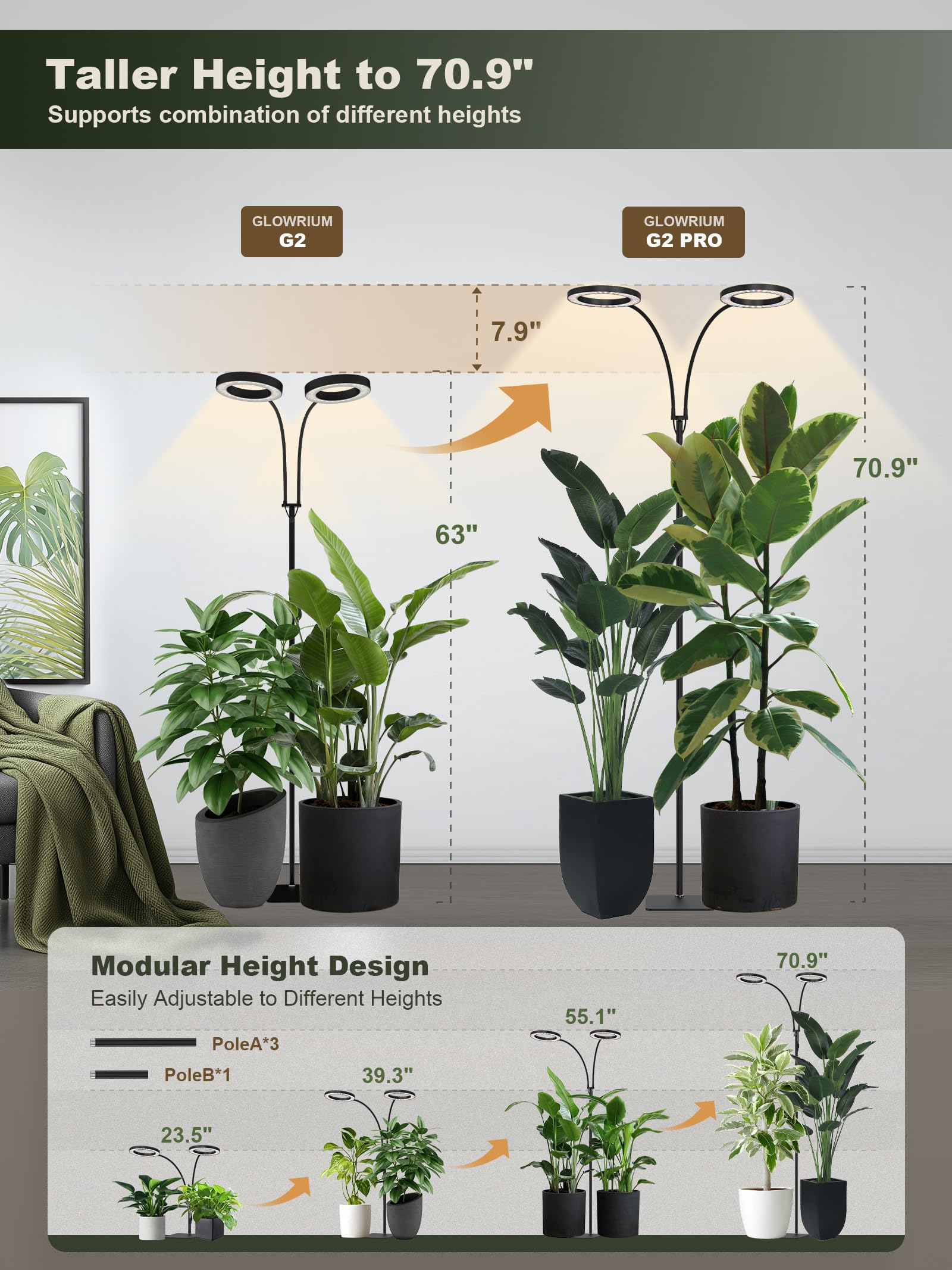 GLOWRIUM Tall Plant Grow Light showing flexible gooseneck