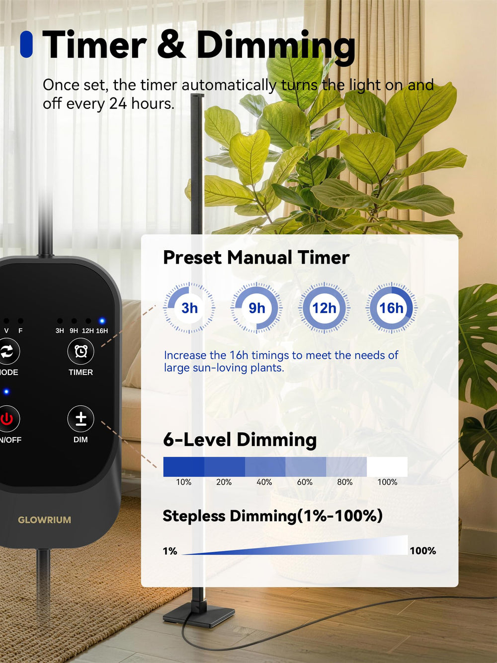 GLOWRIUM Vertical Grow Light with adjustable settings displayed