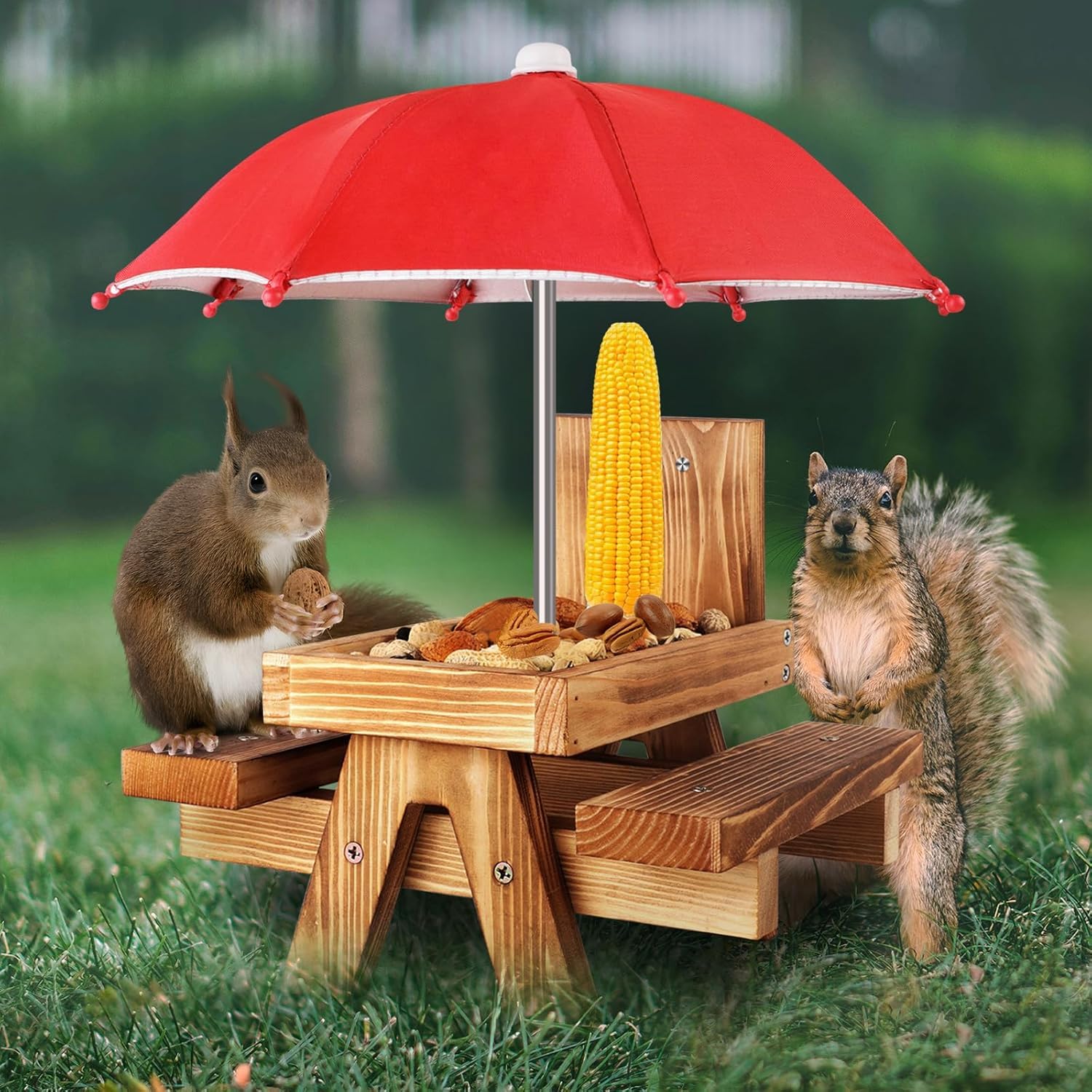Gnodry Squirrel Feeder with bright-red umbrella front view