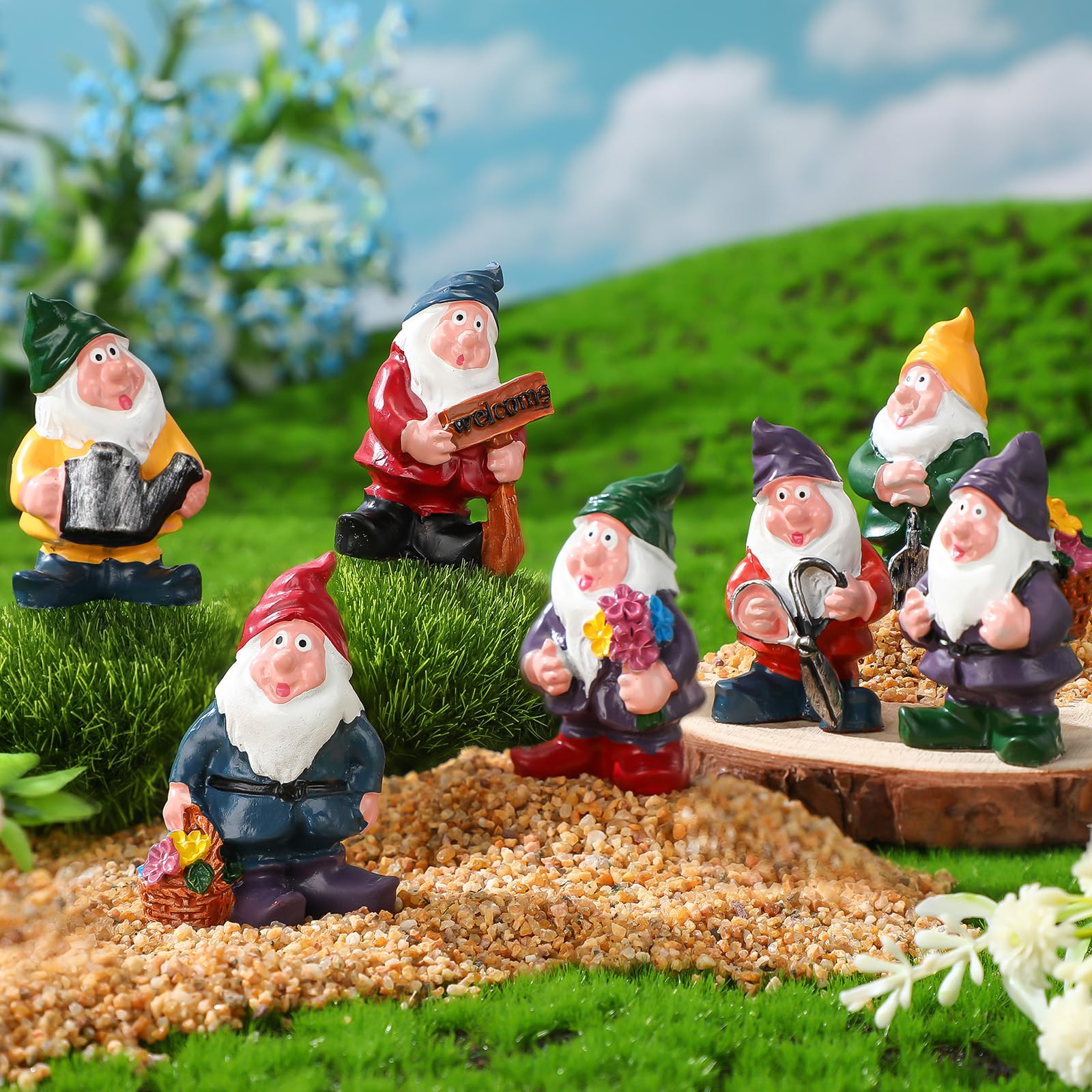 Gnome accessories in a garden setting with plant pots