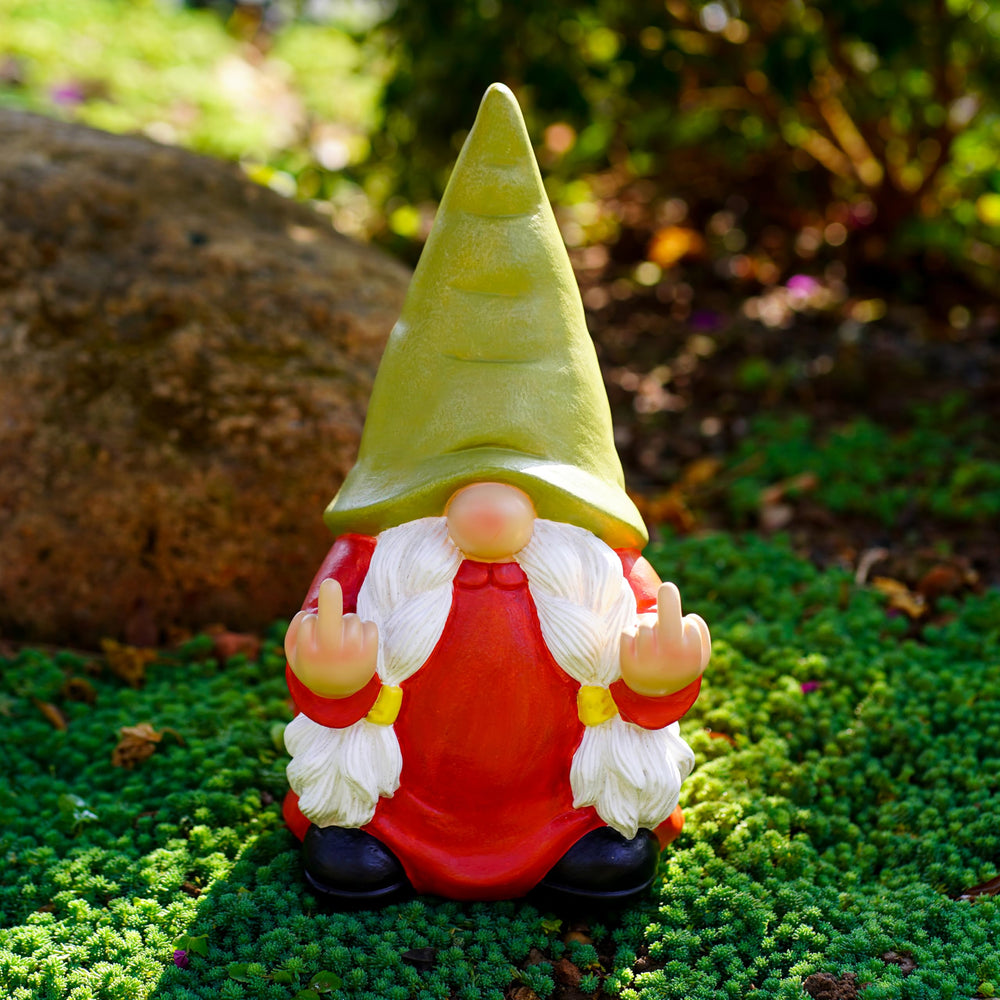 Gnome statue close-up showing the raised middle fingers