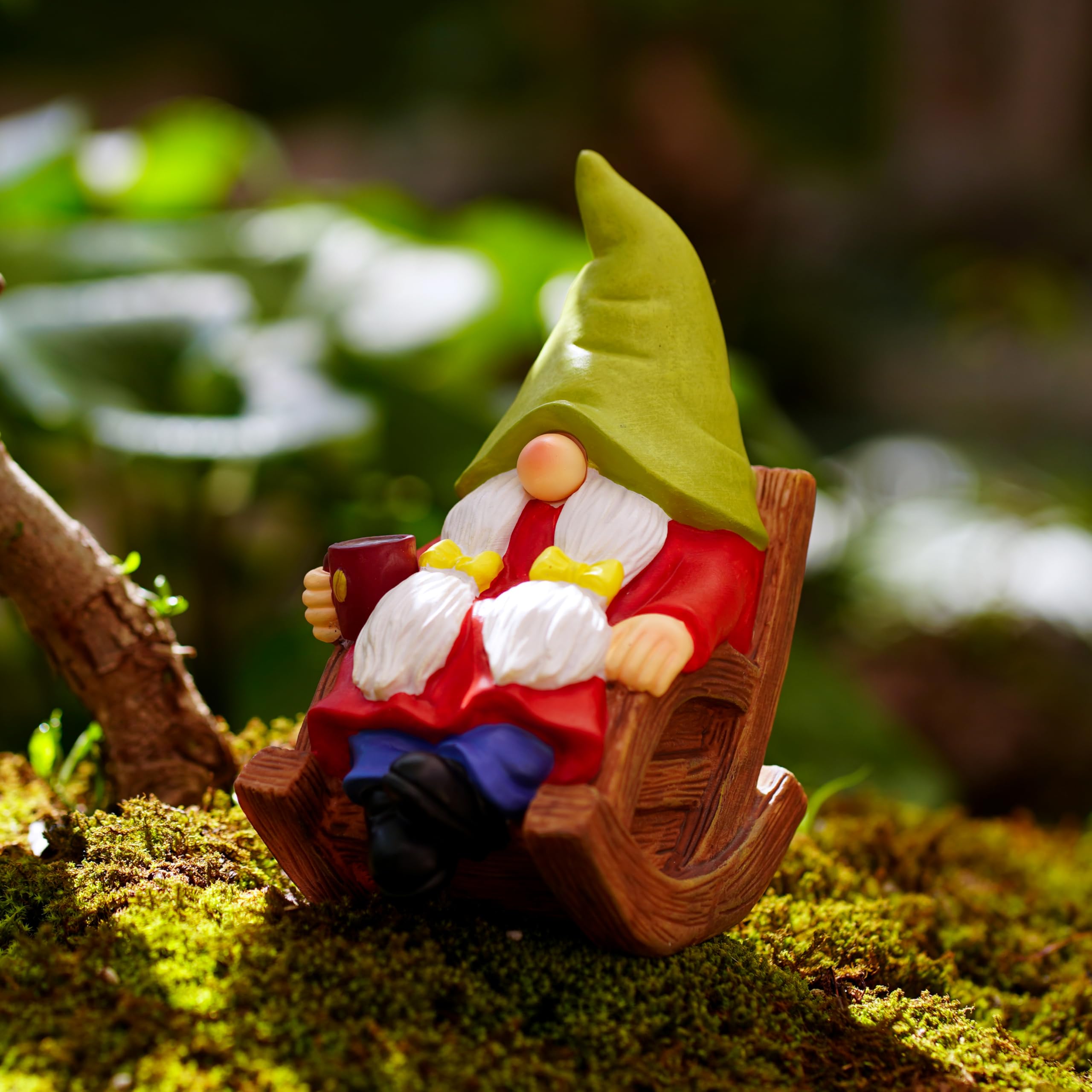 Gnome statue illuminated at night with glowing features