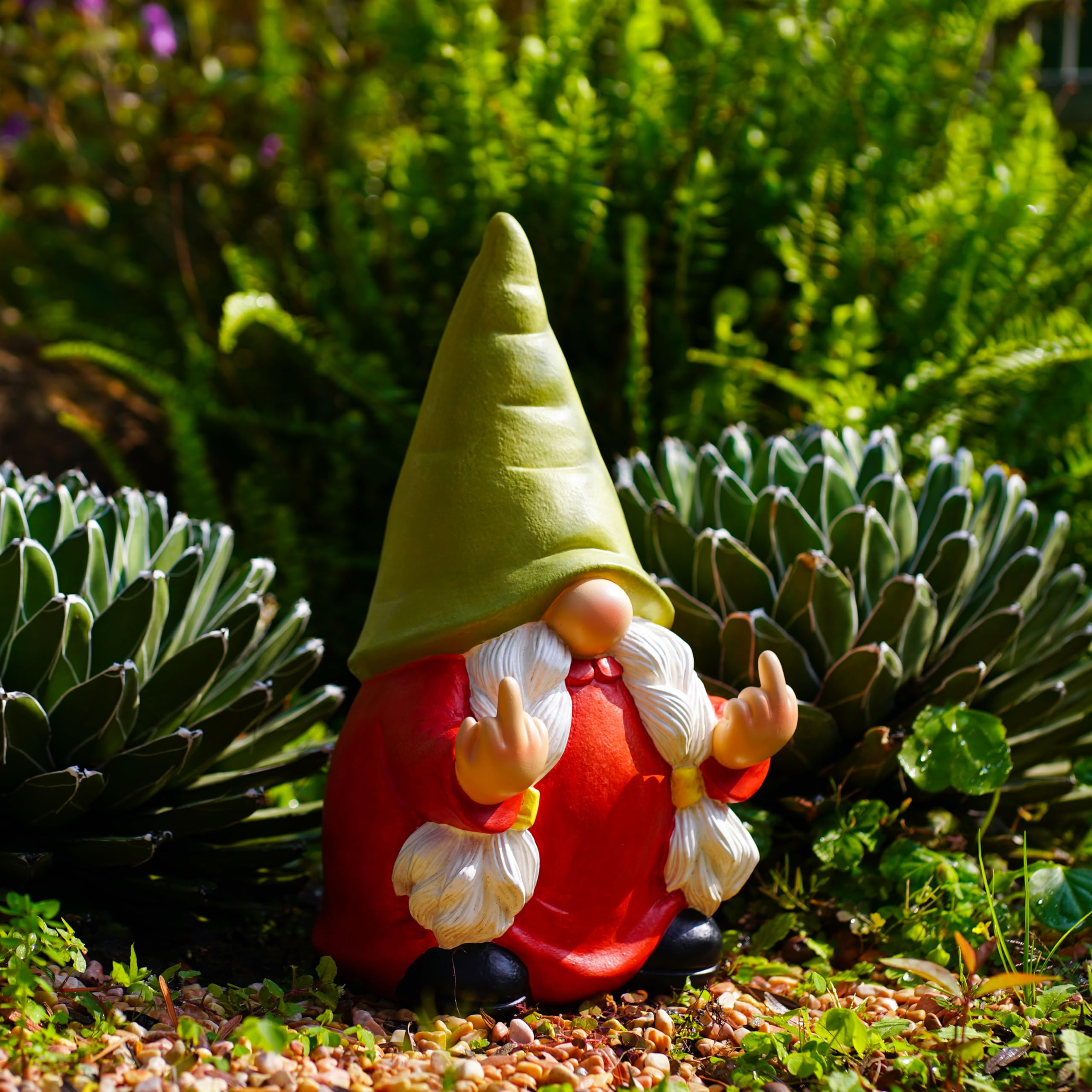 Gnome statue on a patio table with plants in the background