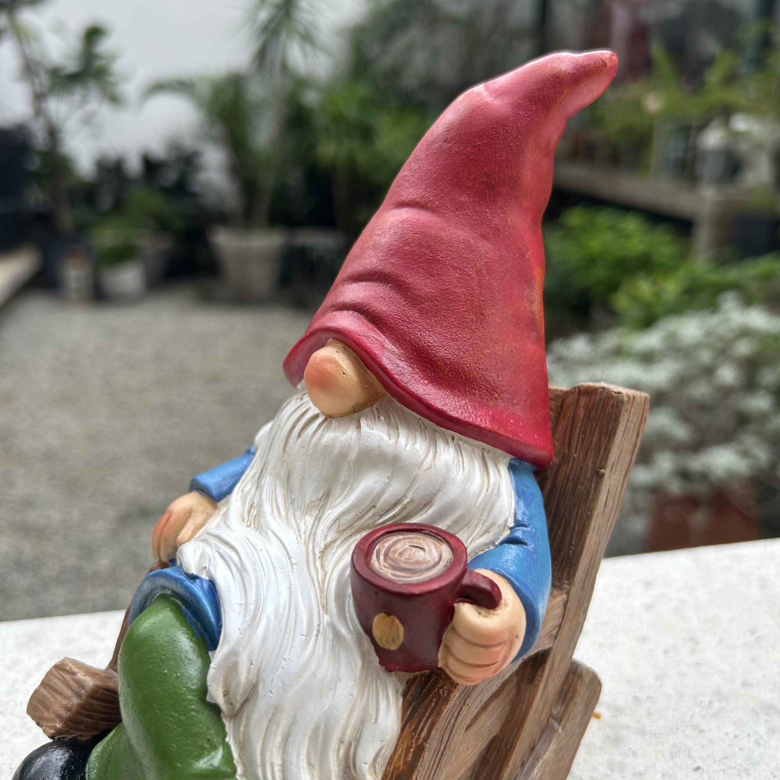Gnome statue on a shelf indoors, adding charm to the decor
