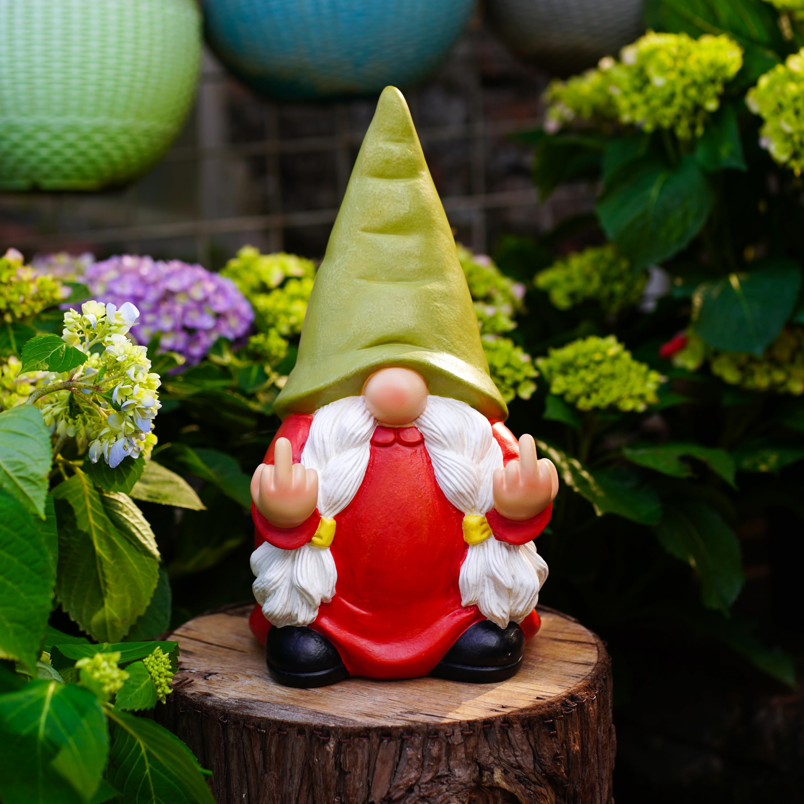 Gnome statue on a shelf indoors among other decorative items