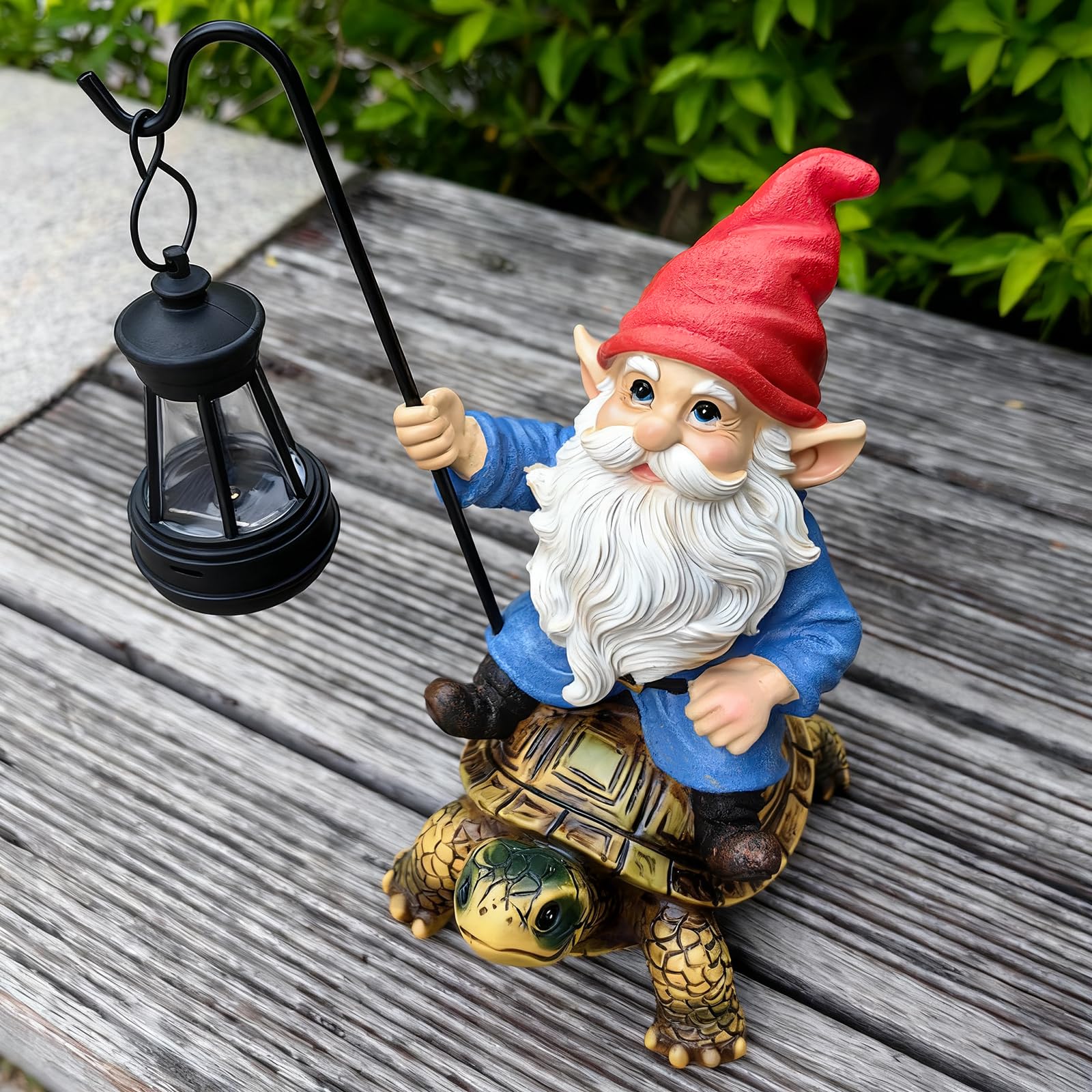 Gnome turtle statue on patio table