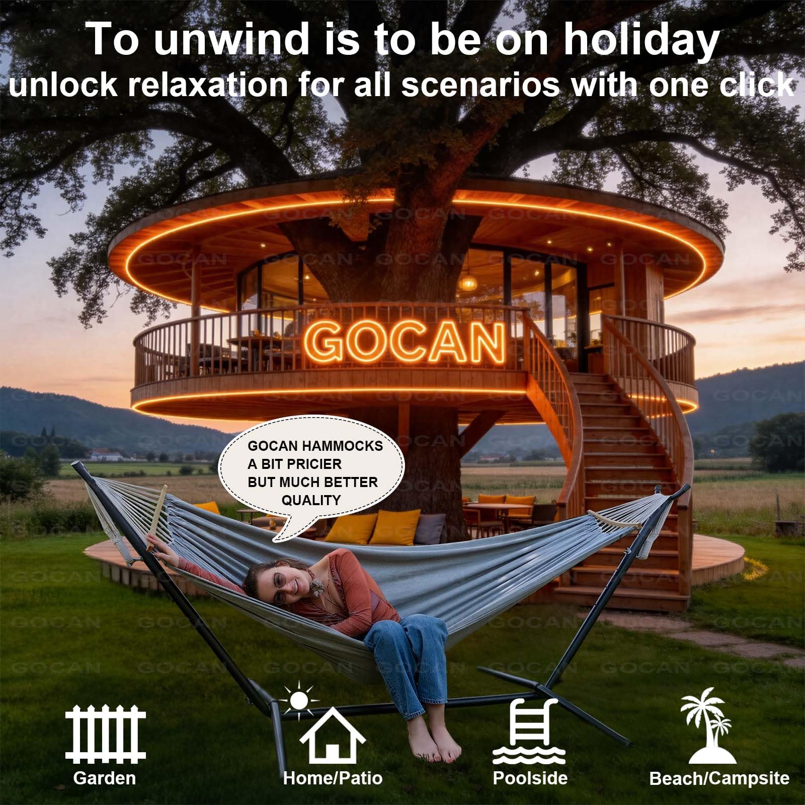 GOCAN hammock showing oversized sleeping surface 220x160 cm