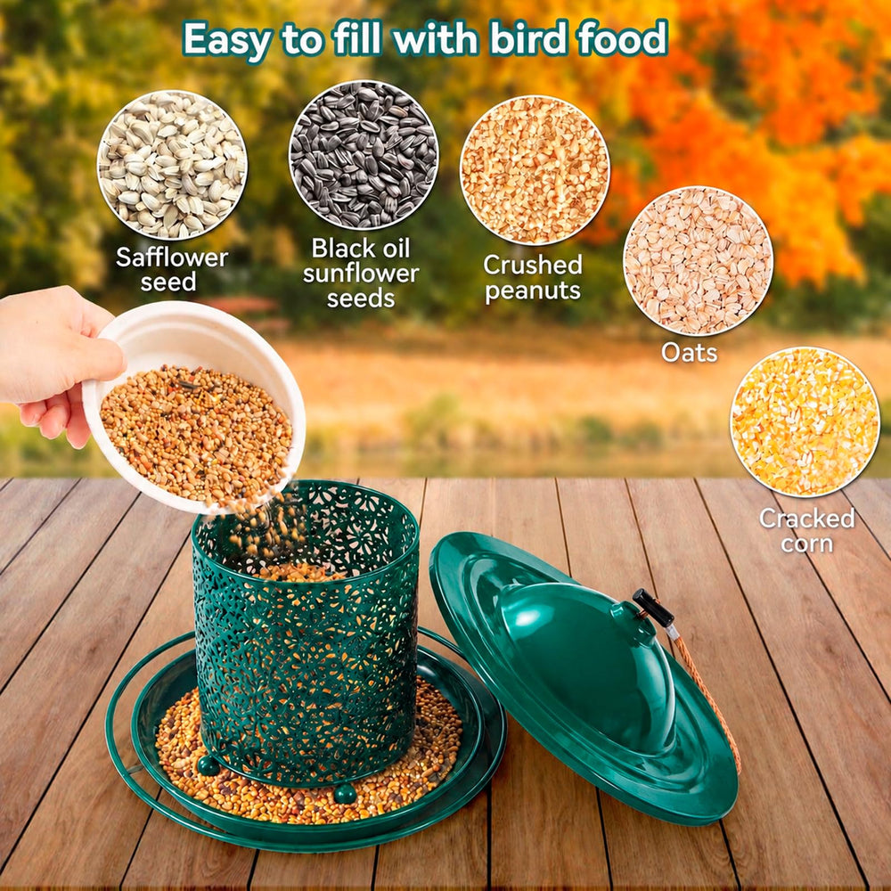 Godinsky bird feeder showing 360° feeding tray design