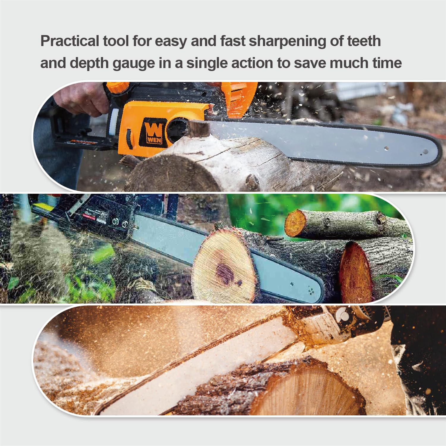 GoDrifting sharpener beside a chainsaw, illustrating compatibility