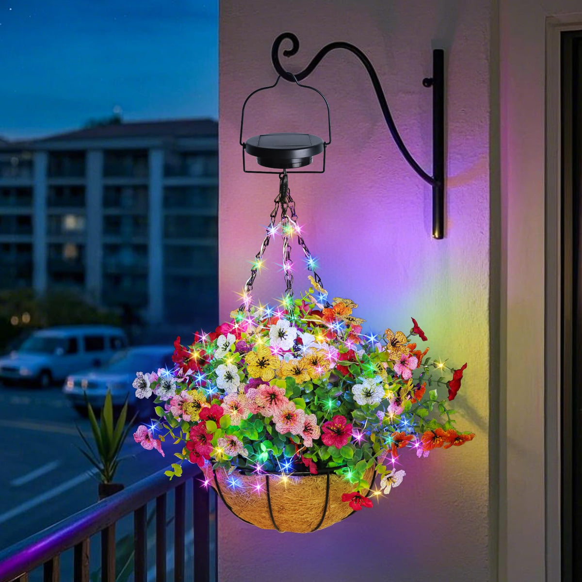 GOESWELL Solar Hanging Flower Basket front view with vibrant orchids