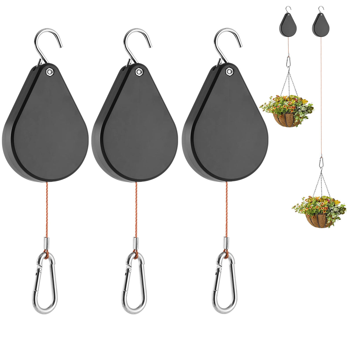 Gomazonle Retractable Plant Hanger Set, 3 pcs in black, front view