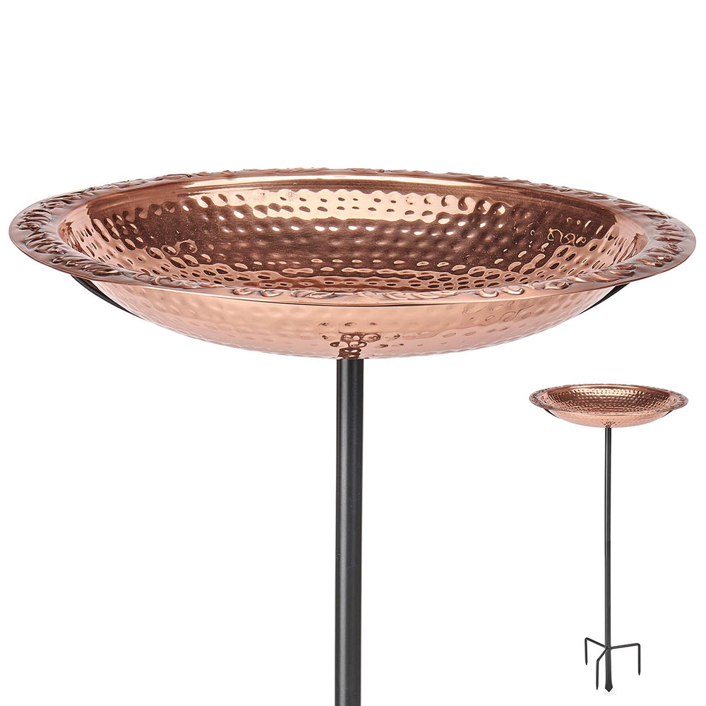 Good Directions Copper Bird Bath front view with garden pole