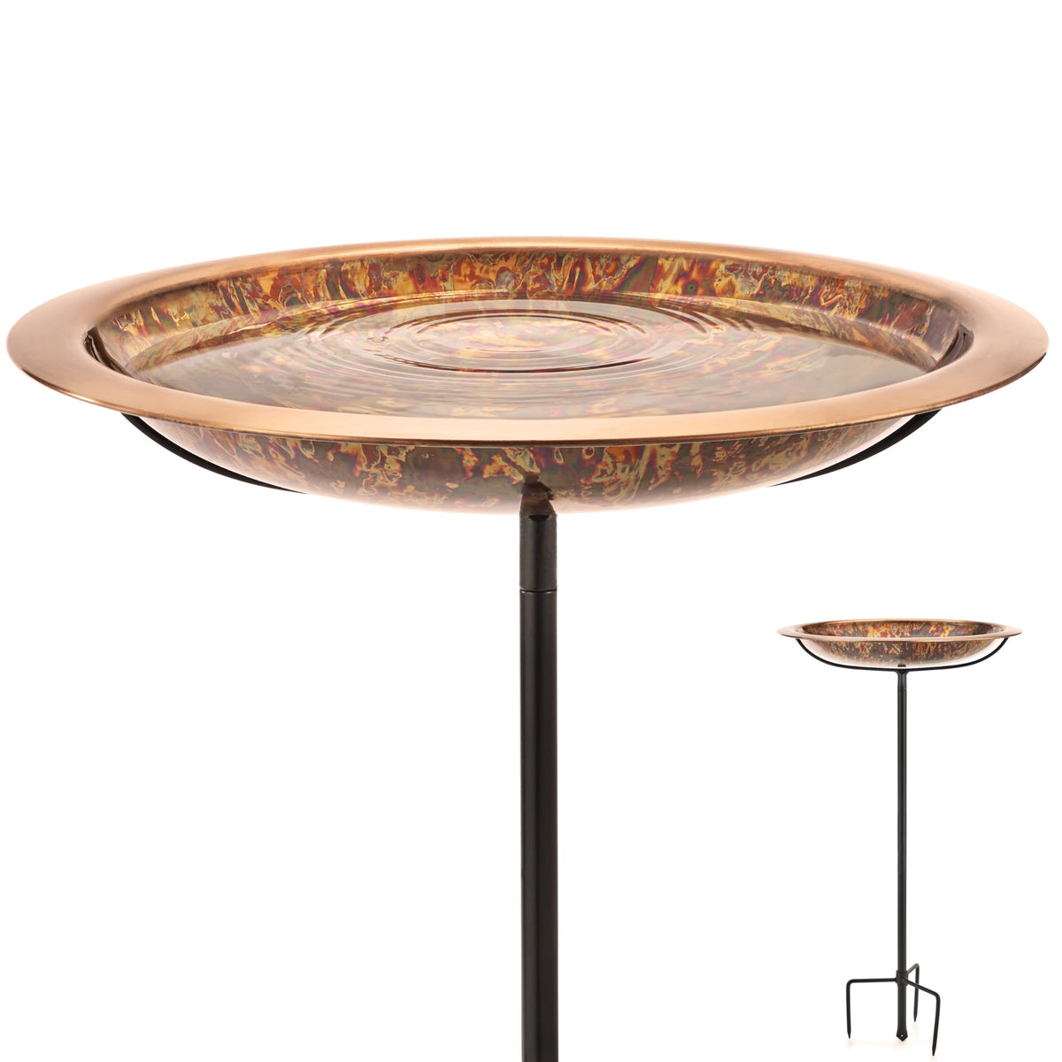 Good Directions Fired Copper Bird Bath front view on garden pole